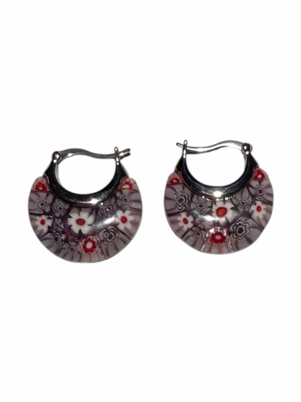 Murano Style Millefiore Purple Floral Glass Basket Hoop Earrings New